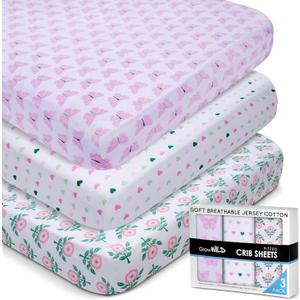 GROW WILD Crib Sheets 3 Pack - Soft & Stretchy Jersey Cotton Fitted Baby Crib Sheets for Girls, Cute Toddler Bed Sheets for Baby Girl (Hearts & Flowers)
