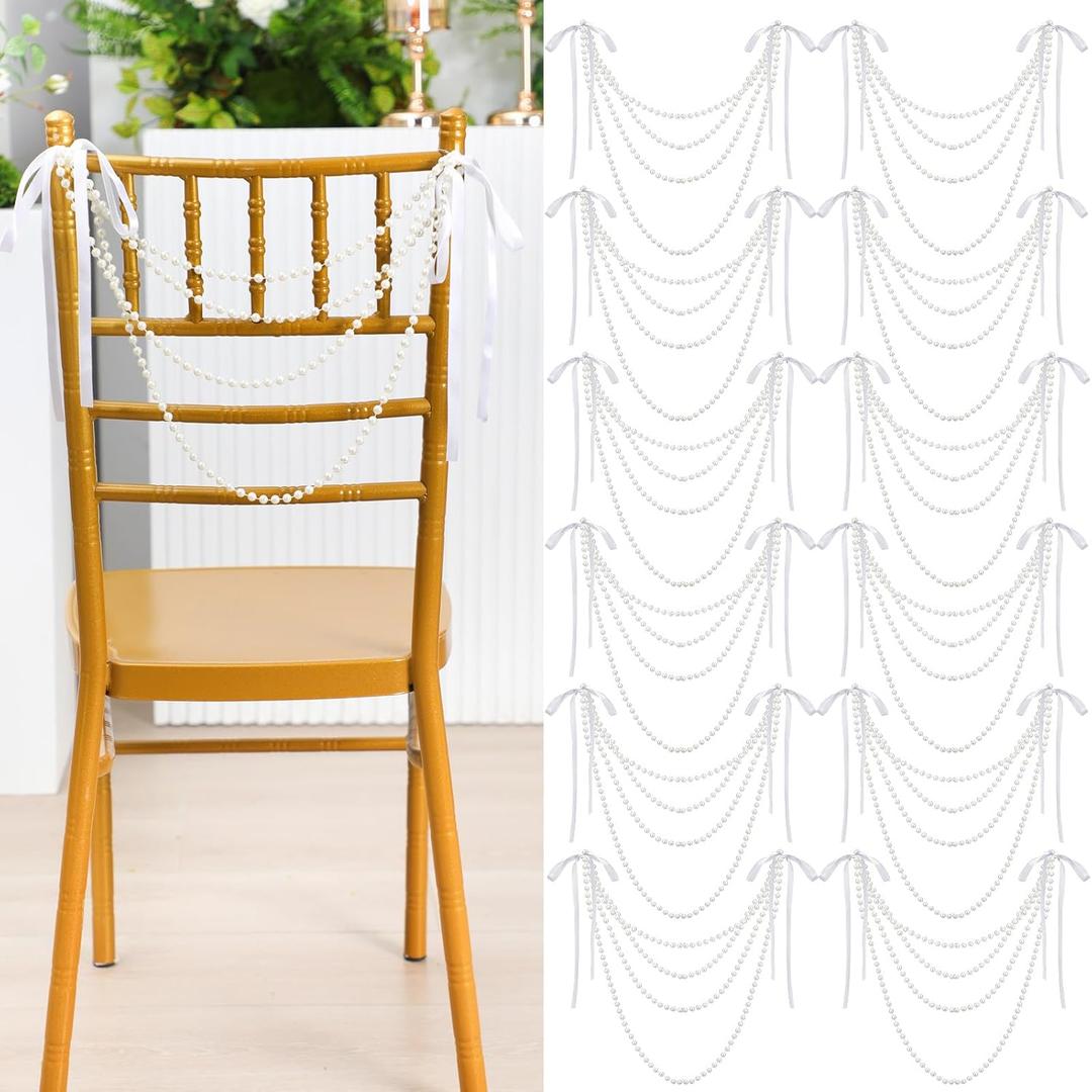 Wedding Pearl Bow Chair Decor Satin Ribbon Bows with Pearl Beaded String Garland Aisle Chair Sashes Decorations for Ceremony Coquette Party Banquet Decor (White)