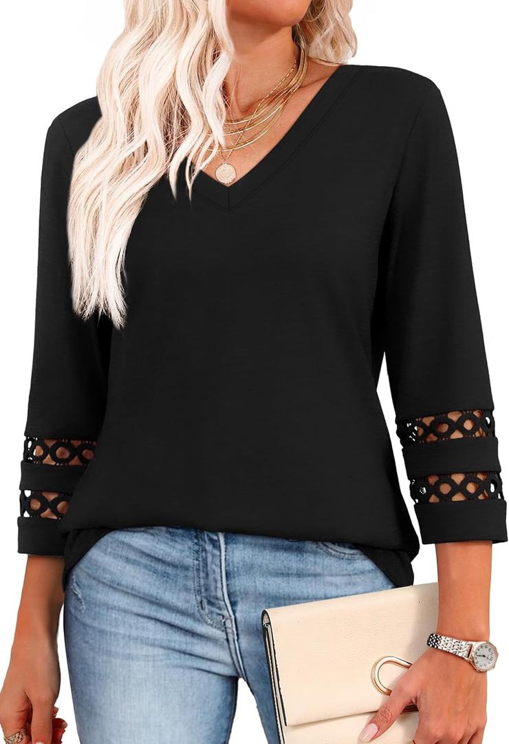 XIEERDUO 3/4 Length Sleeve Womens Tops Dressy Casual Blouses for Women 2025 Trendy V Neck T Shirts Summer Clothes (XL, Black)