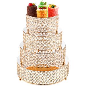 4 Pcs Crystal Gold Cake Stand Set 4 Size Elegant Round Dessert Display Metal Cupcake Stand with Mirror Plate Crystal Beads for Party Birthday Festival Anniversary Holiday 8/10/ 12/14''