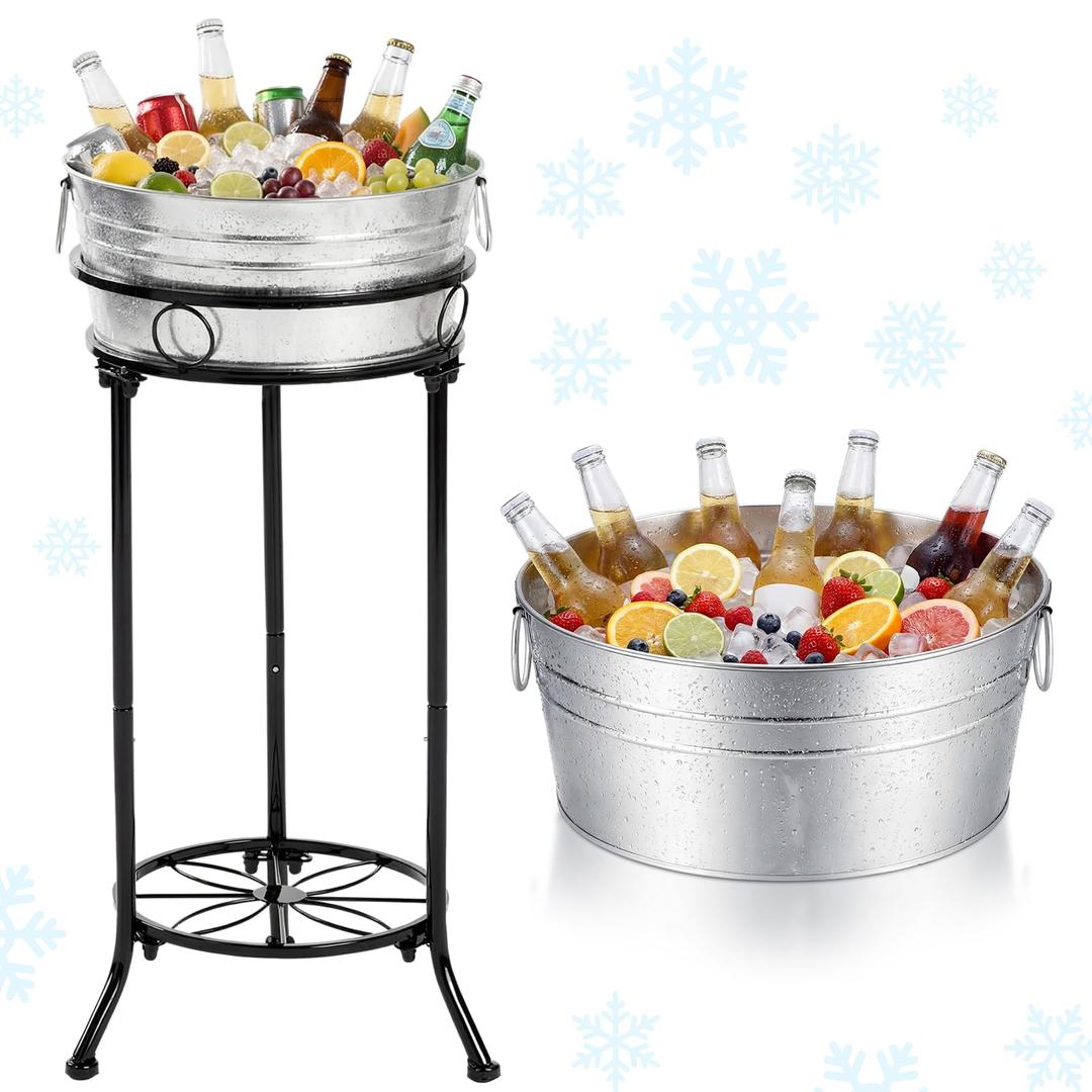 Fumete Galvanized Beverage Tub with Stand Champagne Ice Bucket Stand Set Ice Drink Bucket Holder for Party Metal Drink Cooler Free Standing Oval for Indoor Outdoor Summer Parties