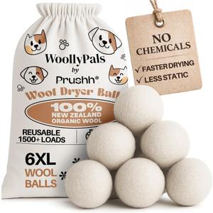 WoollyPals Dryer Balls (6-Pack, XL Size) - 100% New Zealand Wool - No More Dryer Sheets - Eco Dryer Balls - Reusable - Softens Laundry - Reduces Drying Time & Static - with Storage Bag (Plain White)