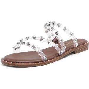 DREAM PAIRS Women's Clear Studded Rhinestone Slide Sandals Slip on Open Toe Cute Flat Sandals for Summer (Size 5)