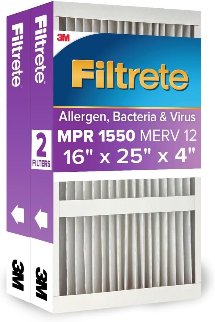 Filtrete 16x25x4 Air Filter MERV 12, MPR 1550 Certified Asthma & Allergy Friendly 2-Pack, Fits Lennox & Honeywell, AC Furnace HVAC Filters, Pleated Electrostatic (Actual Size 15.88x24.56x4.31 in)