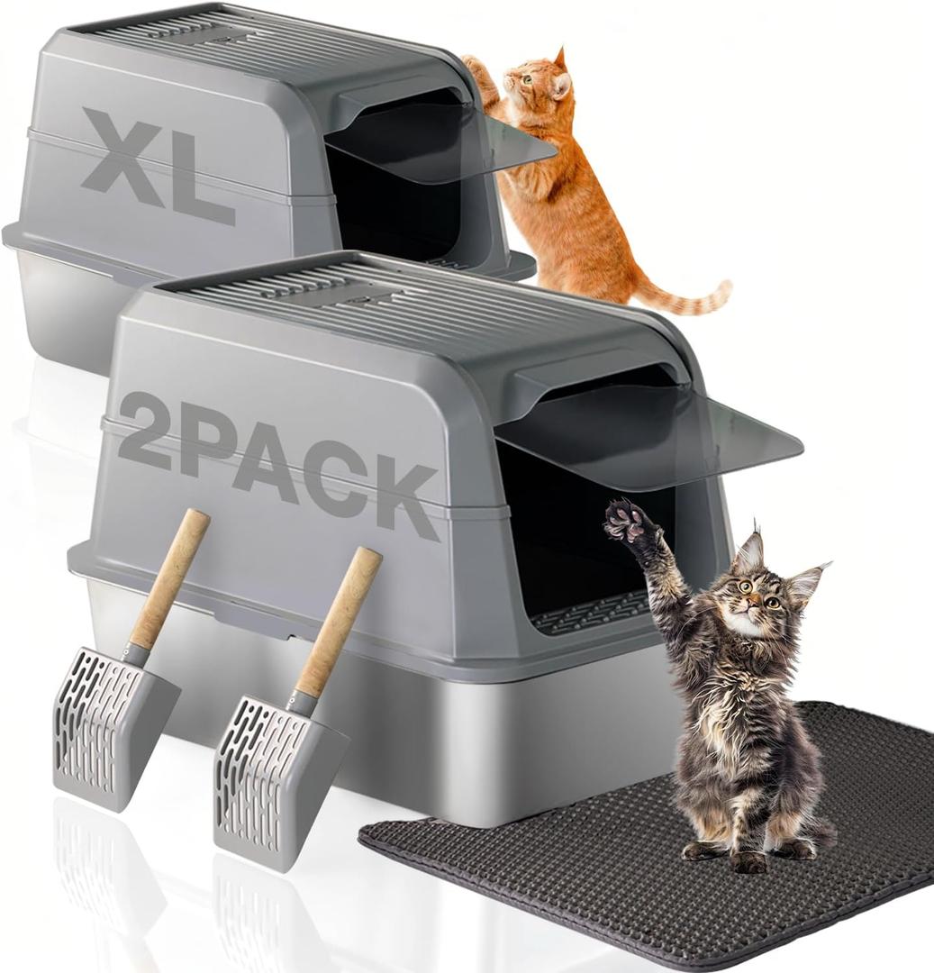 PETUX 2-Pack Stainless Steel Litter Box with Lid - High Sided, Odor-Proof, Anti-Leakage, Non-Stick, Easy to Clean and Extra Large Enclosed Litter Box with Scoop and Non-Slip Mat for Multi-Cats - Grey