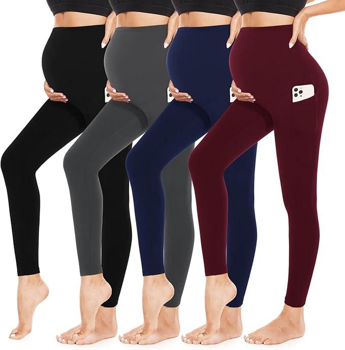 4 Pack Women’s Maternity Leggings with Pockets Over The Belly Butt Lift - Soft Workout Pregnancy Yoga Pants, Large