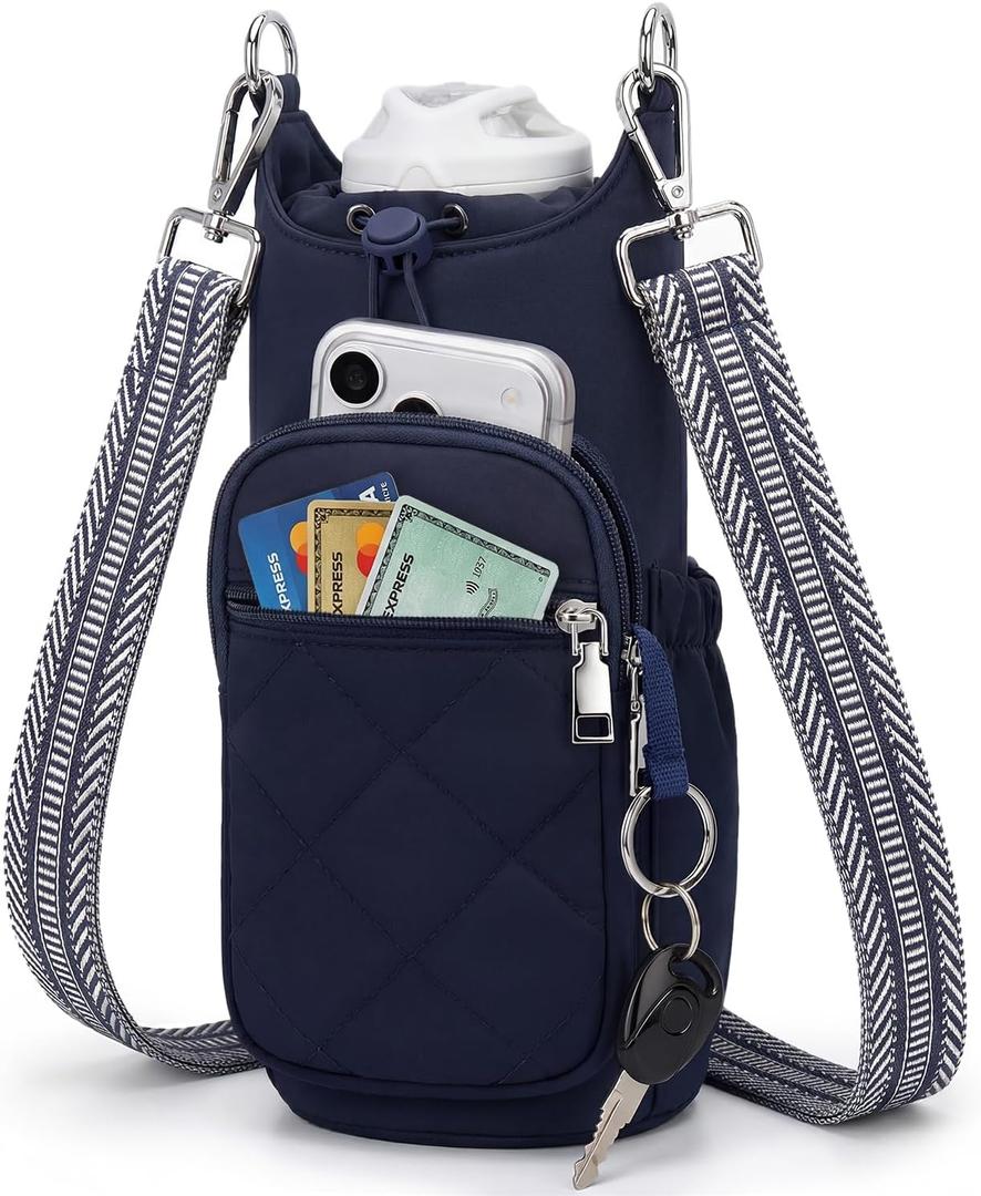 Crossbody Water Bottle Bag for Women, Lightweight Insulated Water Bottle Carrier with Phone Pocket, Secure &Hands-Free for Walking, Travel, Outdoor (Up to 40oz) Dark Blue