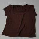 Artfish Women's Short Sleeve T-Shirts Low Scoop Neck Slim Fitted Ribbed Knit Casual Longer Crop Top (X-Large, Brown)