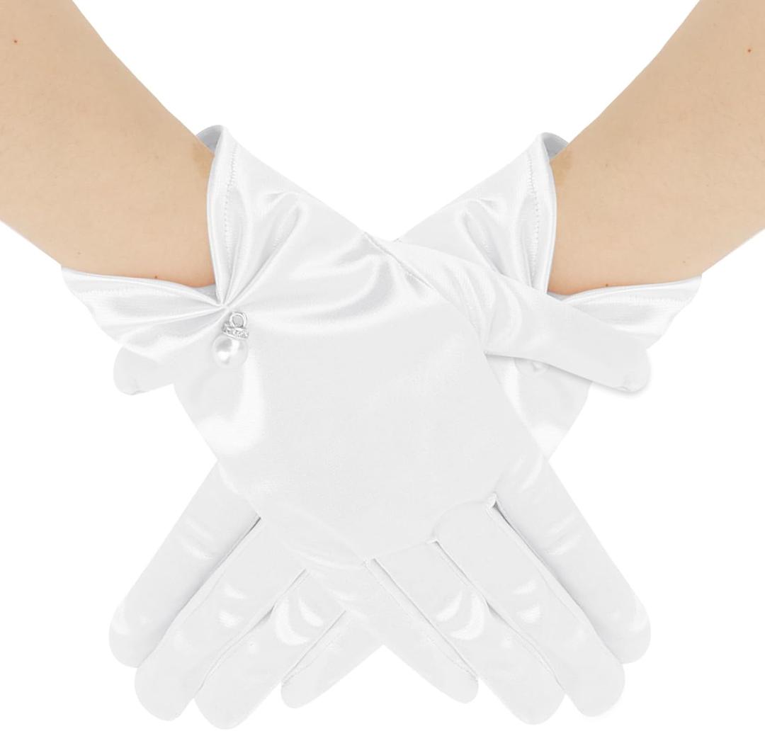 Satin Gloves Women,Elegant Short Pearl Gloves for Wedding Opera Dinner Party, Tea Party Accessories, Bridal Accessories (White)