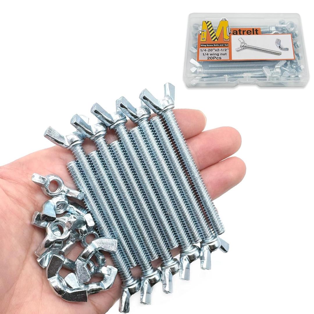 20 Pcs 1/4"-20 x2-1/2 Wing Screw Bolts and Wing Nut Kit Butterfly Screws and Nut with Hand Twist Tighten Wing Head Zinc Plated Hardware Fitting Fastenings Assortment Kit (Silver)