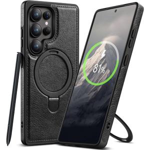 Magnetic for Samsung Galaxy S25 Ultra Leather Case,Invisible Stand [Compatible with Magsafe] Slim Kickstand Phone Cove for Samsung S25 Ultra Case (Black, S25 Ultra)