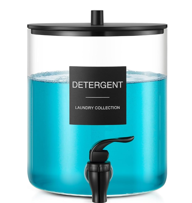 Glass Laundry Detergent Dispenser, 128 oz / 3.5L Fabric Softener Dispenser for Laundry Room Organization, Detergent Holder with Plastic Spigot (Black, 1 Pack)