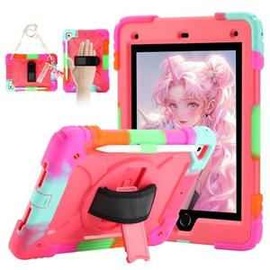 for iPad 6th Generation/iPad 5th Gen/iPad Air 2/iPad Pro 9.7" Case with Cute Key Chain, Rugged Protective Case with Rotating Stand & Shoulder Hand Strap for iPad 6th/5th/ Air 2 (Rainbow Rose)