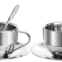 Okllen 2 Pack Stainless Steel Coffee Cup Set, 6 Oz Coffee Mugs with Spoon and Saucer, Double Walled Espresso Cups Mugs for Coffee, Latte,Tea, Milk