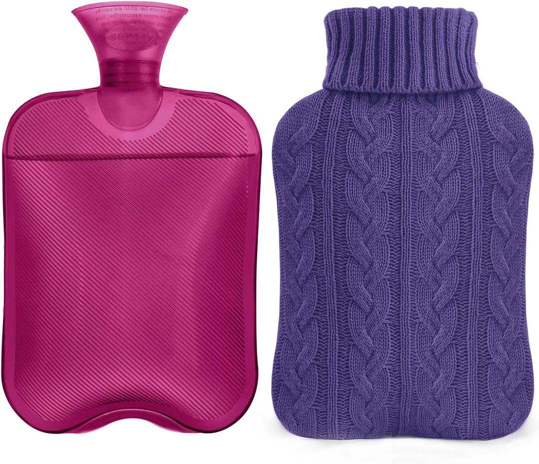 samply Hot Water Bottle with Knitted Cover, 2L Hot Water Bag for Hot and Cold Compress, Hand Feet Warmer, Ideal for Menstrual Cramps, Neck and Shoulder Pain Relief, Purple
