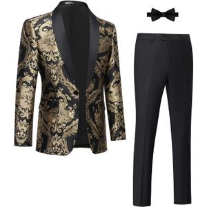 Tuxedo Suits for Men 2 Piece Regular Fit Suit Floral Blazer Jacket Waistcoat Pants Men Suit Set for Wedding Prom (Large, Black & Gold-2pcs)