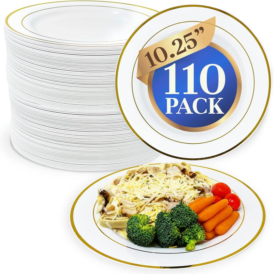 Reli. 110 Pcs Plastic Dinner Plates, Disposable (10.25 inch, White w/Gold Rim) Heavy Duty Plates for Party, Elegant Dinner, Wedding, Birthday | White, Hard Plastic