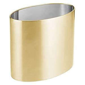 mDesign Stainless Steel Metal Oval Trash Can, 7.9 Liter/ 2.09 Gallon Wastebasket, Garbage Basket Bin for Bathroom, Bedroom, Kitchen, Home Office, Holds Waste and Recycle, Mirri Collection, Soft Brass