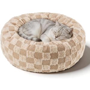 Dog Calming Beds for Small Medium Large Dogs - Round Donut Washable Puppy Dog Bed, Anti-Slip Faux Fur Fluffy Donut Cuddle Anxiety Cat Pet Bed (20" Grid)