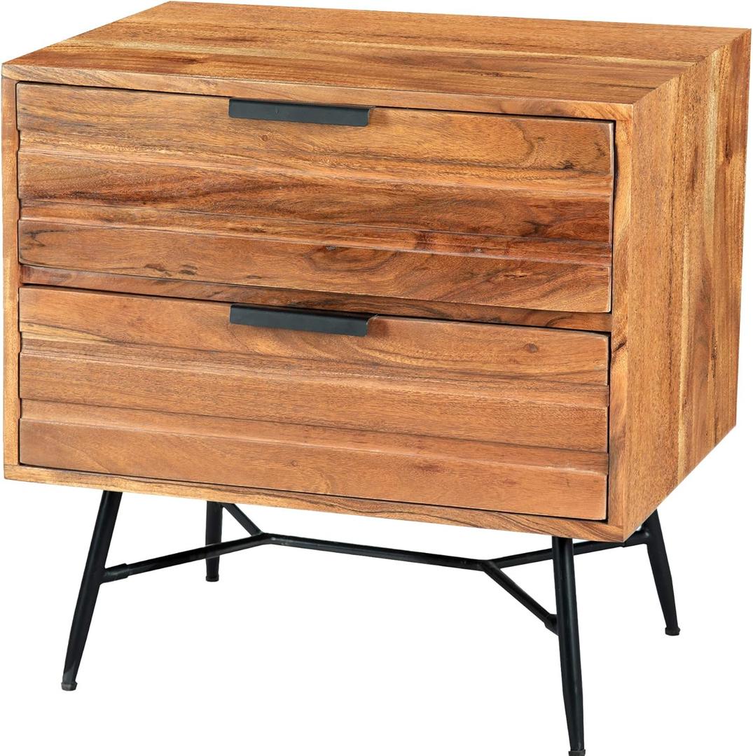 The Urban Port Two Drawer Wooden Nightstand with Metal Angled Legs, Brown and Black