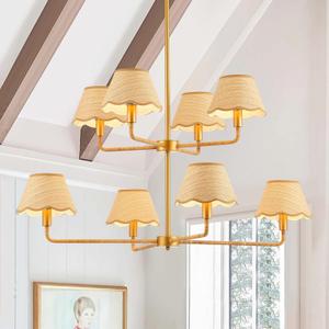 2-Layers Boho Rattan Chandelier 8-Lights Rustic Industrial Pendant Light Large Adjustable Pendant Lighting Fixtures for Kitchen Island Dining Living Room, Dia 41, UL Listed