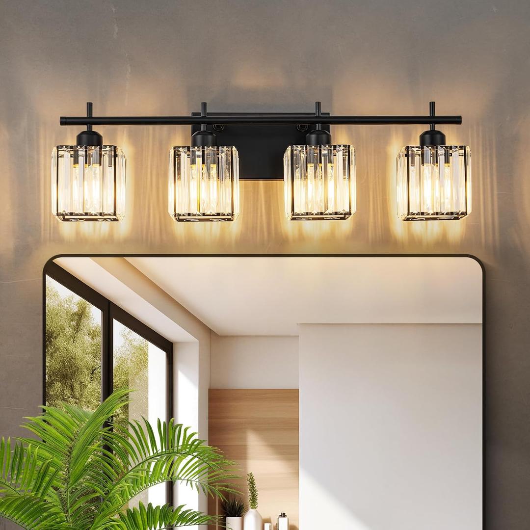 28.2" Modern Crystal Bathroom Vanity Lights, 4-Light Matte Black Wall Light Fixtures Bathroom Lighting Fixtures Over Mirror, 4 Bulb Vanity Lights for Bthroom Hallway