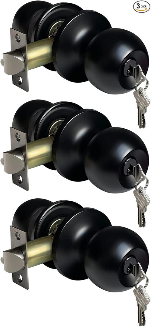 [3 Pack] BESTTEN Keyed Entry Door Knob, Entrance Door Lock, Keyed Different, Standard Ball, Matte Black