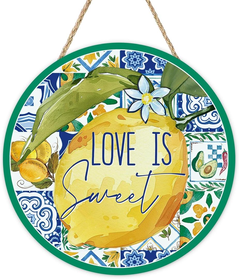 Spring Summer Lemon Blue Italy Tile Front Door Sign, Amalfi Coast Capri Citrus Wood Plaque Hanger Outdoor Porch Home Decor, Love is Sweet Mediterranean Wooden Wreath Wall Hanging Decoration