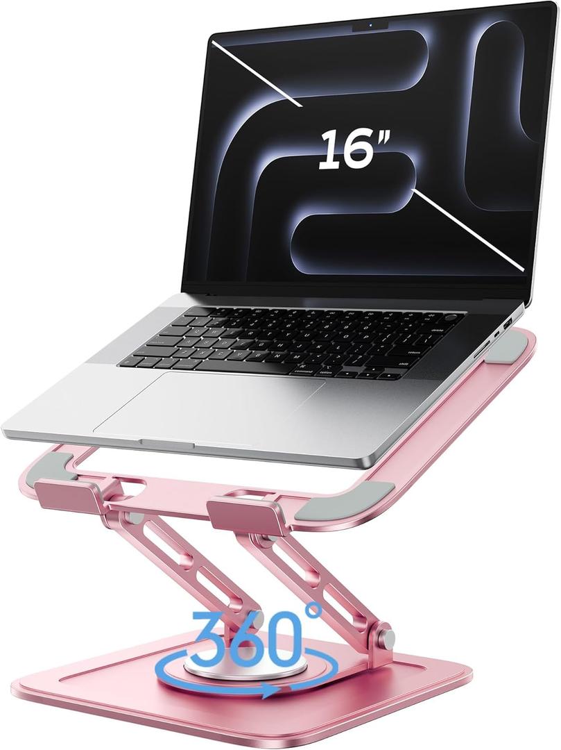 Adjustable Laptop Stand, Computer Stand with 360 Rotating Base, Ergonomic Laptop Riser Mount for Desk Foldable Portable Computer Desk Fits with MacBook Pro Air (10-16") - Pink