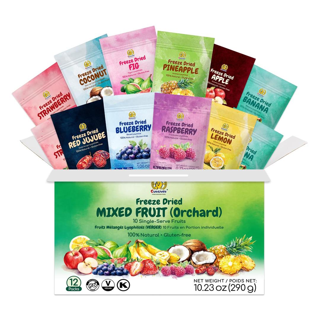 SUNGIVEN Mixed Freeze-Dried Fruit, Variety Pack of 12 Bag, Health Snack, Freeze Dried Apple Banana Strawberry Blueberry Raspberry Coconut Mango Pineapple, No Sugar Added, 10.2 oz (EXP 03/09/27)
