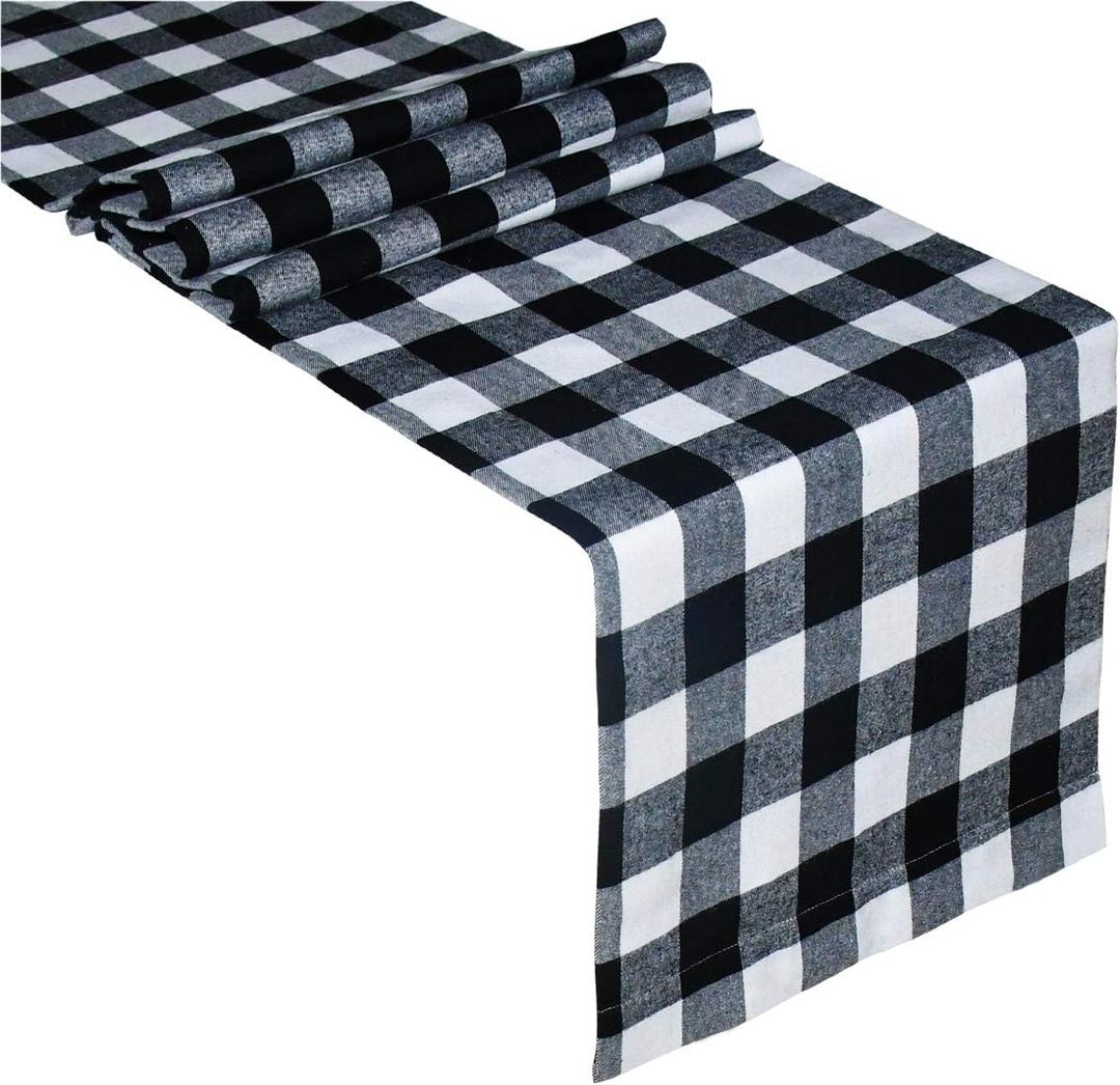 Senneny Buffalo Check Table Runner Cotton Black and White Plaid Classic Stylish Design for Family Dinner Christmas Holiday Birthday Party Table Home Decoration (White and Black, 14 x 108 Inch)