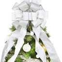 Christmas Tree Topper, 40x13 Inches Toppers Bow with Glitter Satin Mesh Streamer and Patterned Ribbon, Christmas Tree Topper Bow for Christmas Home Decoration (White)