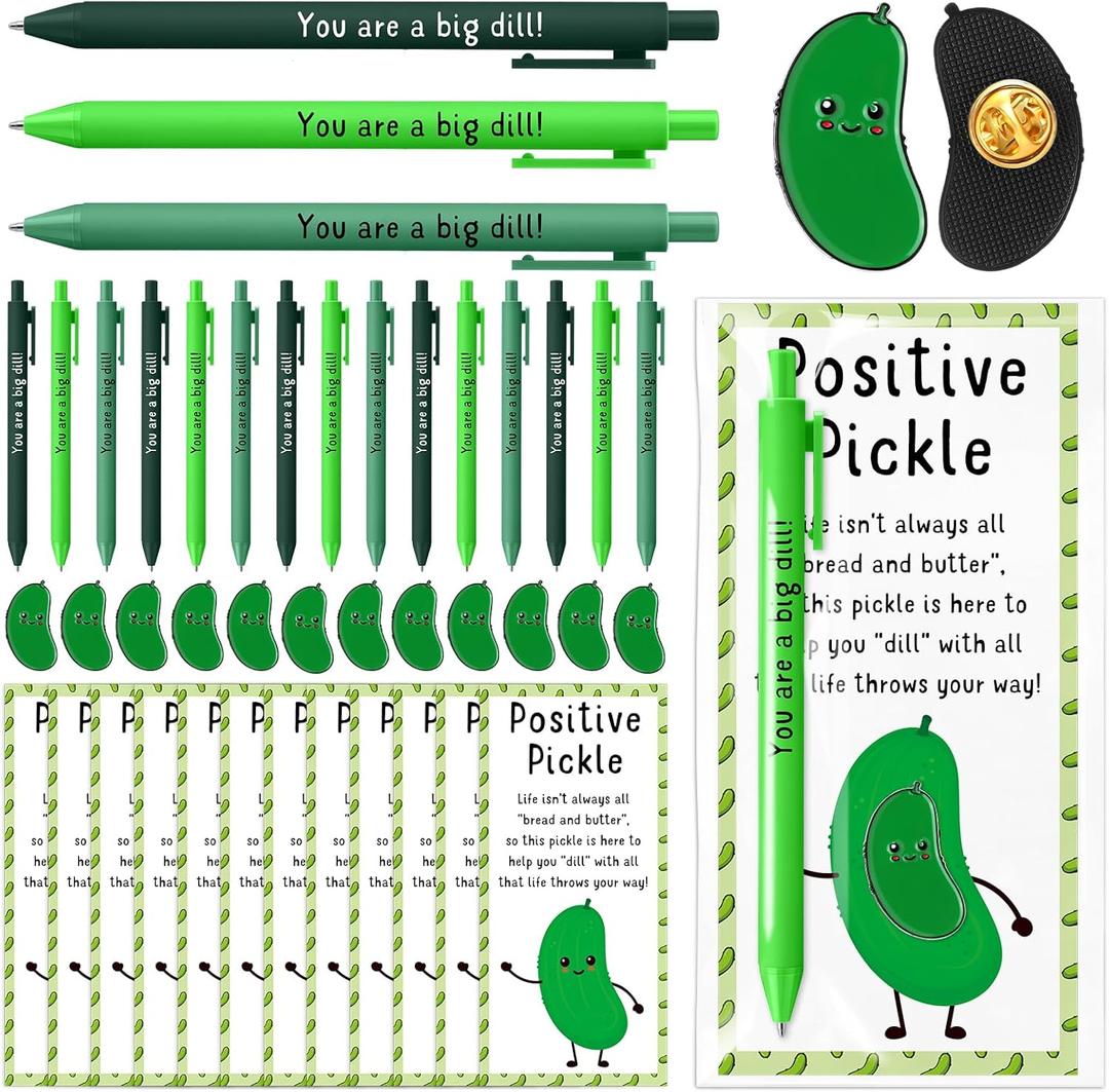 12 Sets Valentines Inspirational Pickle Ballpoint Pens Bulk Appreciation Gifts for Employee Staff Coworker with Pins Cards Bags for Birthday Teachers Students Nurse Women Office