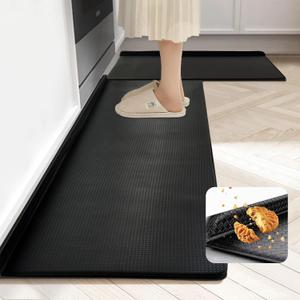 Kitchen Mat Set of 2 PCS, Non Slip Anti-Fatigue Cushioned Rugs for Kitchen Floor, Dust-Proof Memory Foam Runner Comfort Standing Mats for Office, Home (Black, 17"x30"+17"x50")
