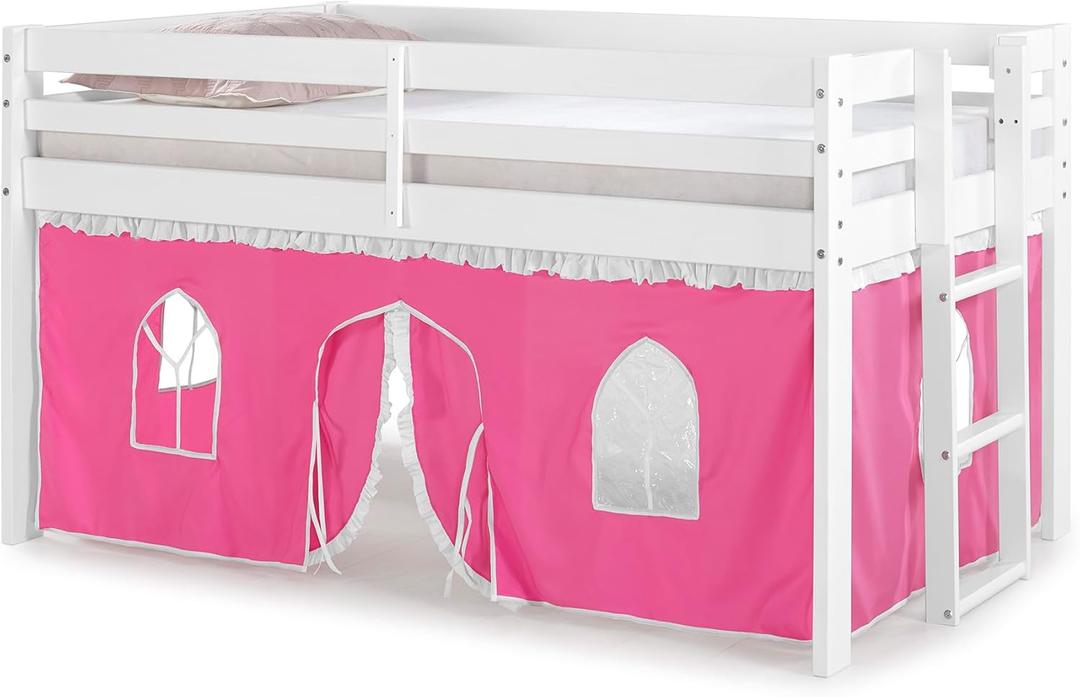 Jasper Twin Junior Loft Bed - White Frame with Pink and White Playhouse Tent for Kids and Teens - Sturdy and Stylish Kids' Bedroom Furniture with Secure Flat Ladder and Safety Guard Rails