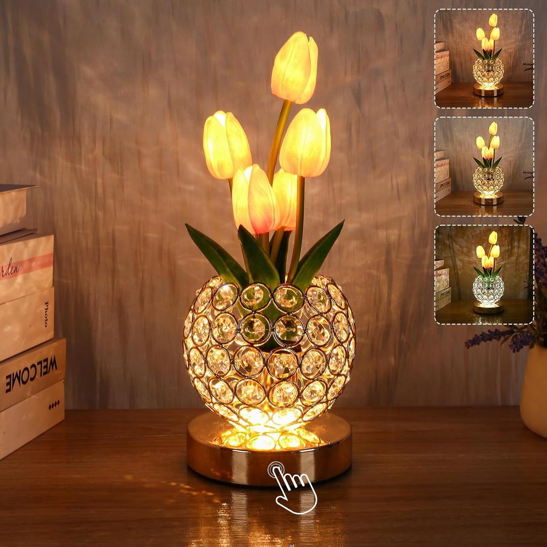 Birthday Gifts for Women Mothers Day Gifts/ for MomTable Lamp, 3 Color Crystal Flower Bedside Lamps Infinitely Dimming with USB Charge Small Night Light,Nightstand Touch Lamp for Bedroom (pink-tulip)
