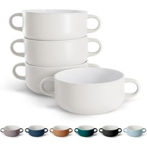Kook Soup Crocks, Ceramic Bowls, Broil, Oven, Microwave and Dishwasher Safe, with Handles, For Casserole, Pasta, Cereal, 18 oz, Set of 4 (Coconut White)