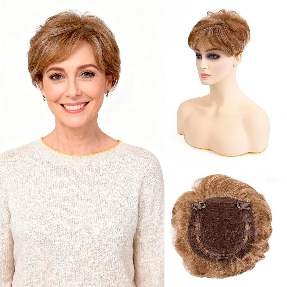 Short Hair Topper for Thinning Hair 5.5 Inch Short Pixie Cut Toppers Pieces Natural Curly Texture Synthetic Blonde & Highlights Wiglets Hairpieces (5.5 inch)