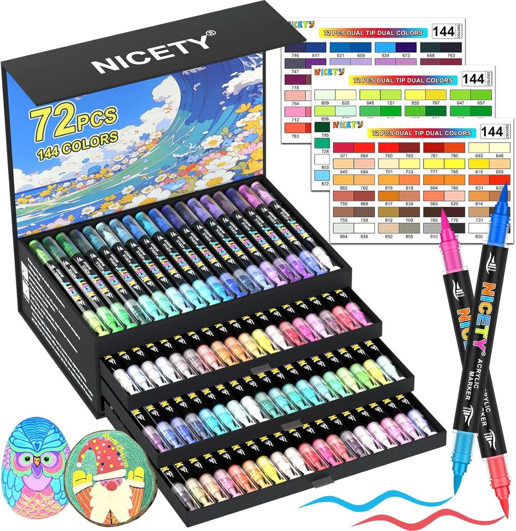 NICETY 144 Colors Acrylic Paint Markers  72 Pack Dual Tip Acrylic Paint Pens with Brush Tip, Water-Based Quick-Dry Non-Bleed Paint Markers for Rock, Wood, Glass, Ceramic, Fabric, and Canvas