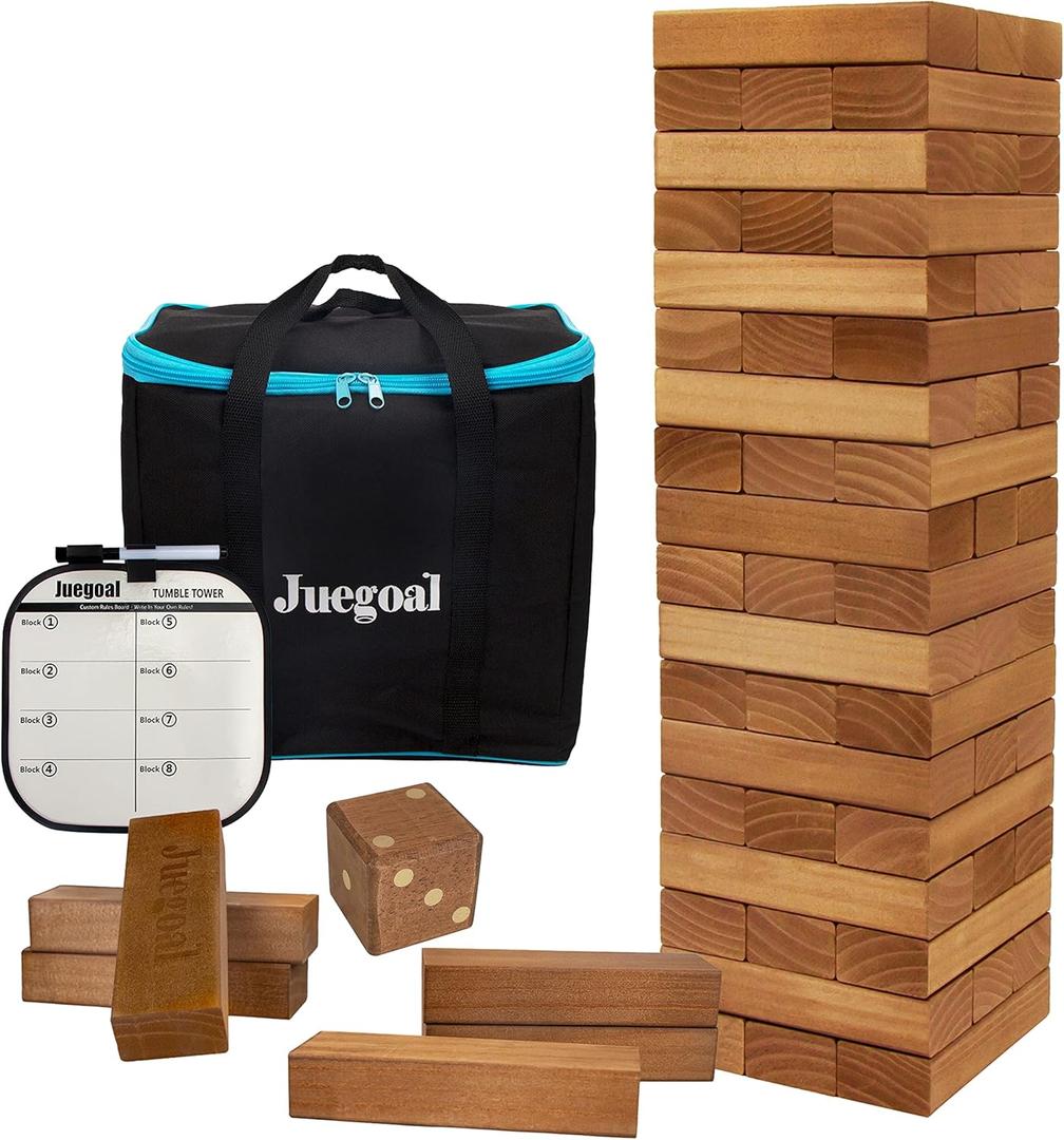 Juegoal 54 Pieces Giant Tumble Tower Blocks Game Giant Wood Stacking Game with 1 Dice Set, Gameboard, Canvas Bag for Adult, Kids, Family, Brown (Large)