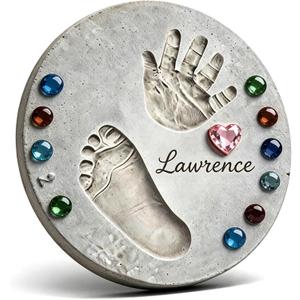 Handprint Stepping Stone DIY Kit - Reusable 11.8 Inch Round Concrete Molds+ Steel Carving Sticks+ Mosaics & Crystal Heart for Hand/Foot Print, Footprint Craft Witness of Special Time/None Cement