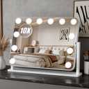 Vanity Mirror with Lights, 18"×14" Hollywood Makeup Mirror with 12 Dimmable Bulbs, 3-Color Lighting, Dimmable, 360° Rotation, 10x Magnification, Desk Mirror, Bedroom (White)