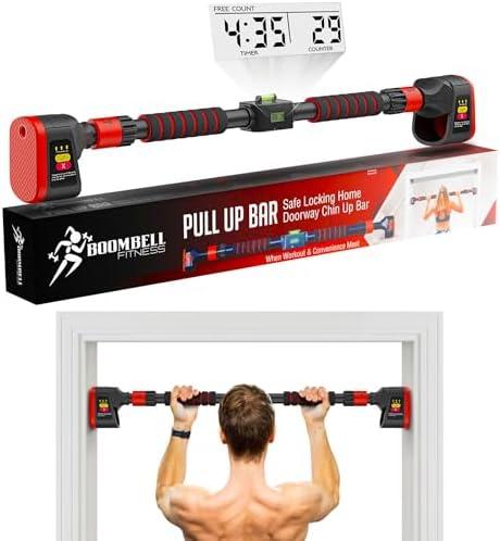 Boombell Pull Up Bar for Doorway - Adjustable Doorway Pull Up Bar 30-40 Inches with Digital Rep Counter, Workout Timer & Level - Door Pull Up Bar & Chin Up Bar for Door Frame, Supports 330 lbs, No Screws (For Strong Doorframes)
