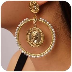 Missgrace Women Bohemian Dainty Circle Dangle Coin Statement Earrings Trendy Unique Pearls Shiny Bar Disco Earrings Set for Women