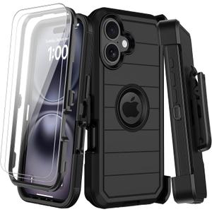 for iPhone 16 Plus Case with Belt Clip Holster,2X Screen Protectors,Heavy Duty Shockproof Drop Protection Military Grade 3 Layers Full Covered Rugged Durable Phone Cover with Kickstand 6.7 (Black)