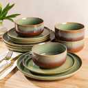 TheTerra Ceramic Dinnerware Sets for 4, 12 Pieces Handmade Reactive Glaze Plates and Bowls Set, Scratch Resistant Dish Set, Oven & Microwave & Dishwasher Safe, Sage Umber