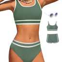 Magwei Girls Swimsuits 3 Piece Bathing Suit Bikini Set with Sporty Shorts and Sunglasses Beach Swimwear for Girl 14-15 Years