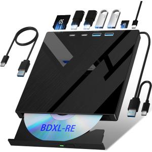 7 in 1 External Blu Ray Drive, External Blueray/DVD Drive for PC with SD/TF Port Blu Ray Burner, Support 100G Disc R/W for PC External Blu Ray Drive for Windows Linux MacOS Laptop Desktop