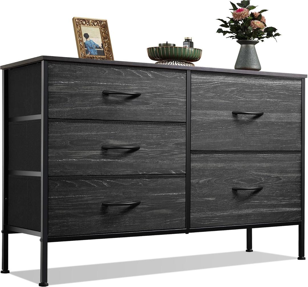 WLIVE Dresser for Bedroom with 5 Drawers, Wide Dressers with Drawer Organizers, Chest of Drawers, Fabric Dresser for Living Room, Closet, Hallway, Charcoal Black Wood Grain Print, 39.4" L X 11.8" W X 23.2" H