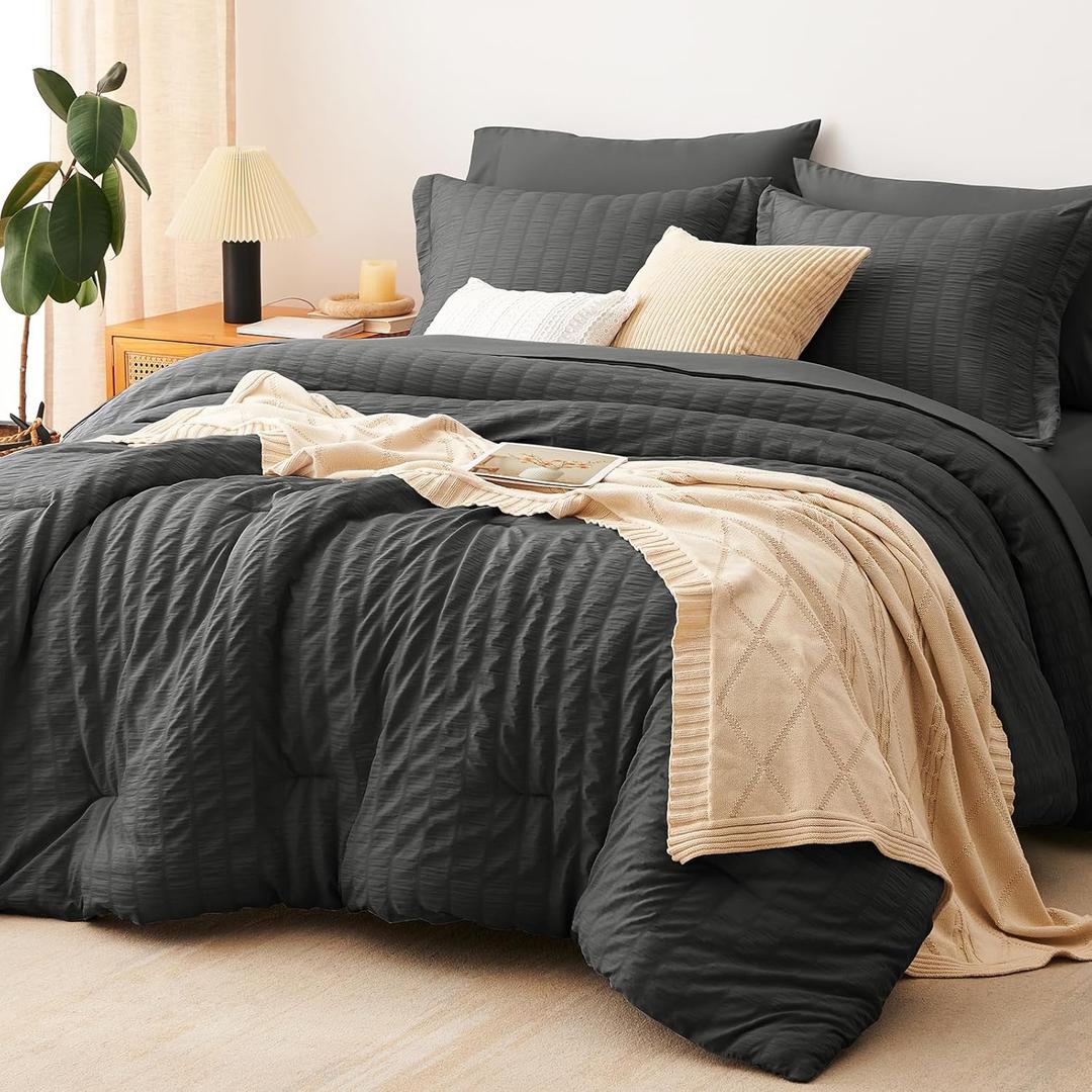 CozyLux Queen Comforter Set Dark Grey Seersucker 7 Pieces Bed in a Bag Queen Comforter Set with Sheets, Dark Gray Luxury Soft Bedding Set with Down Alternative Comforter, Sheets, Pillowcases & Shams